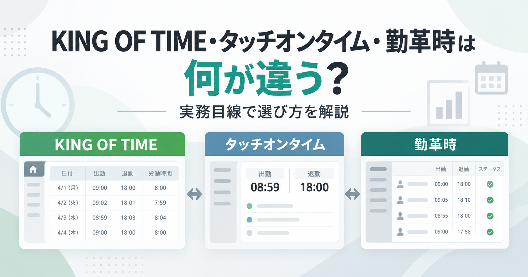 キングオブタイム・タッチオンタイム・勤革時は何が違う？実務目線で選び方を解説アイキャッチ